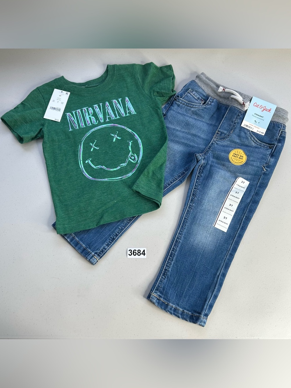 Toddler Boys Cat & Jack 2T Blue Denim Pants And Green Nirvana T Shirt